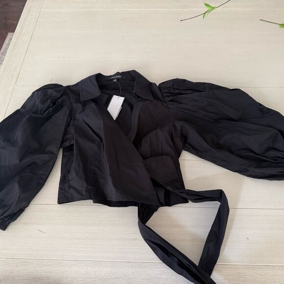 Toccin NY Women's Black V Neck Self-Tie Collar Wrap Blouse Top Size S NWT - Picture 6 of 6